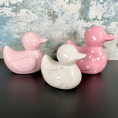 Set Of 3 Pink Polka Dot Duck Family Ceramic