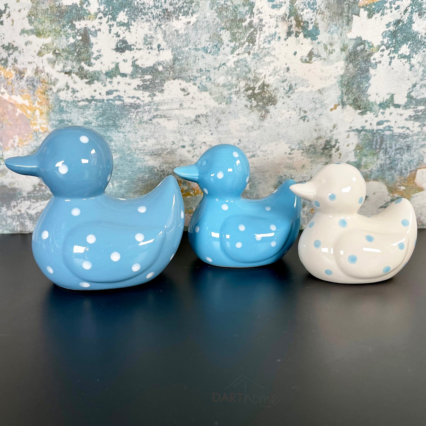 Set Of 3 Blue Polka Dot Duck Family Ceramic