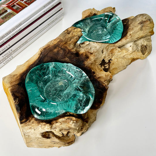 Molten Glass Double Candle Holder On Teak Root Stand