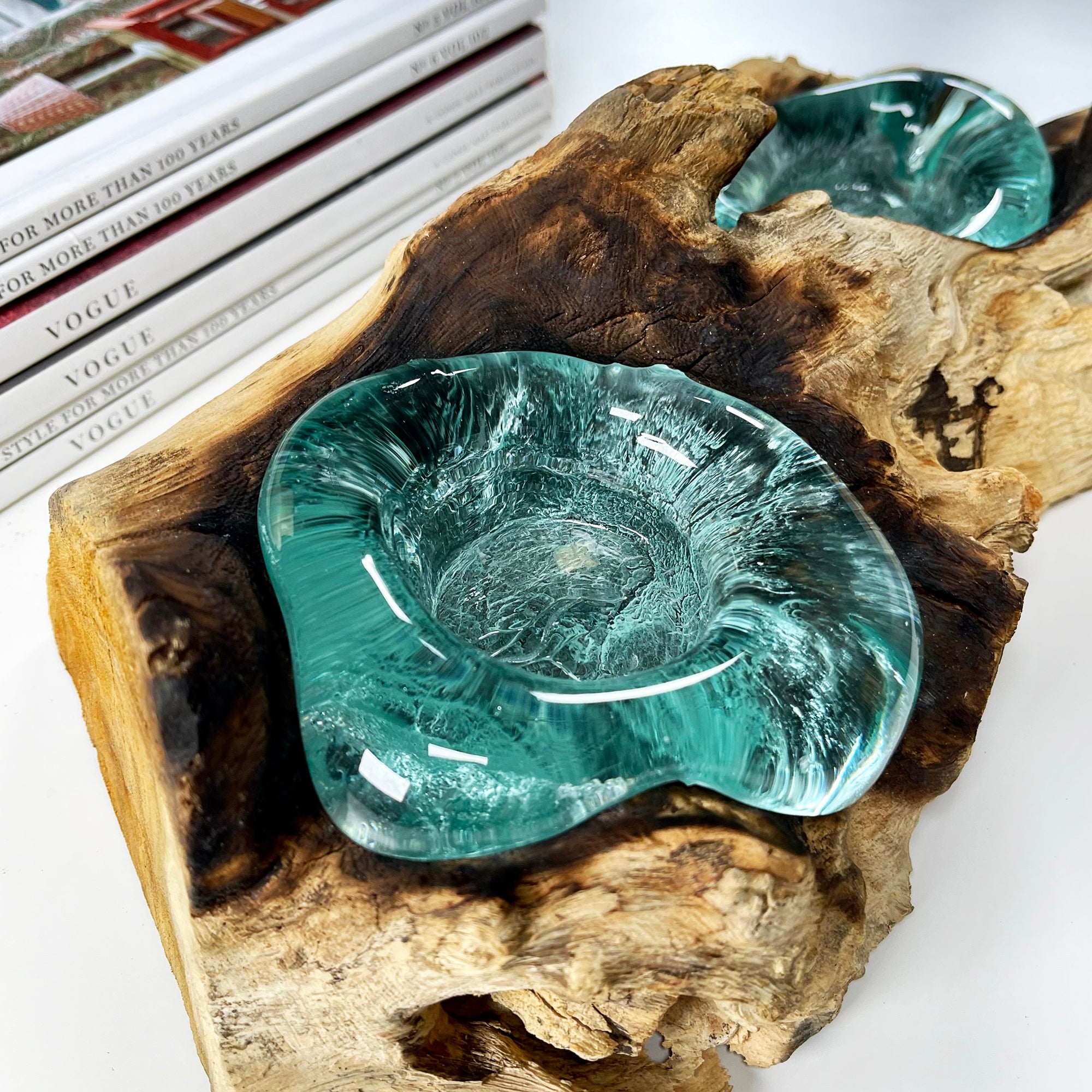 Molten Glass Double Candle Holder On Teak Root Stand