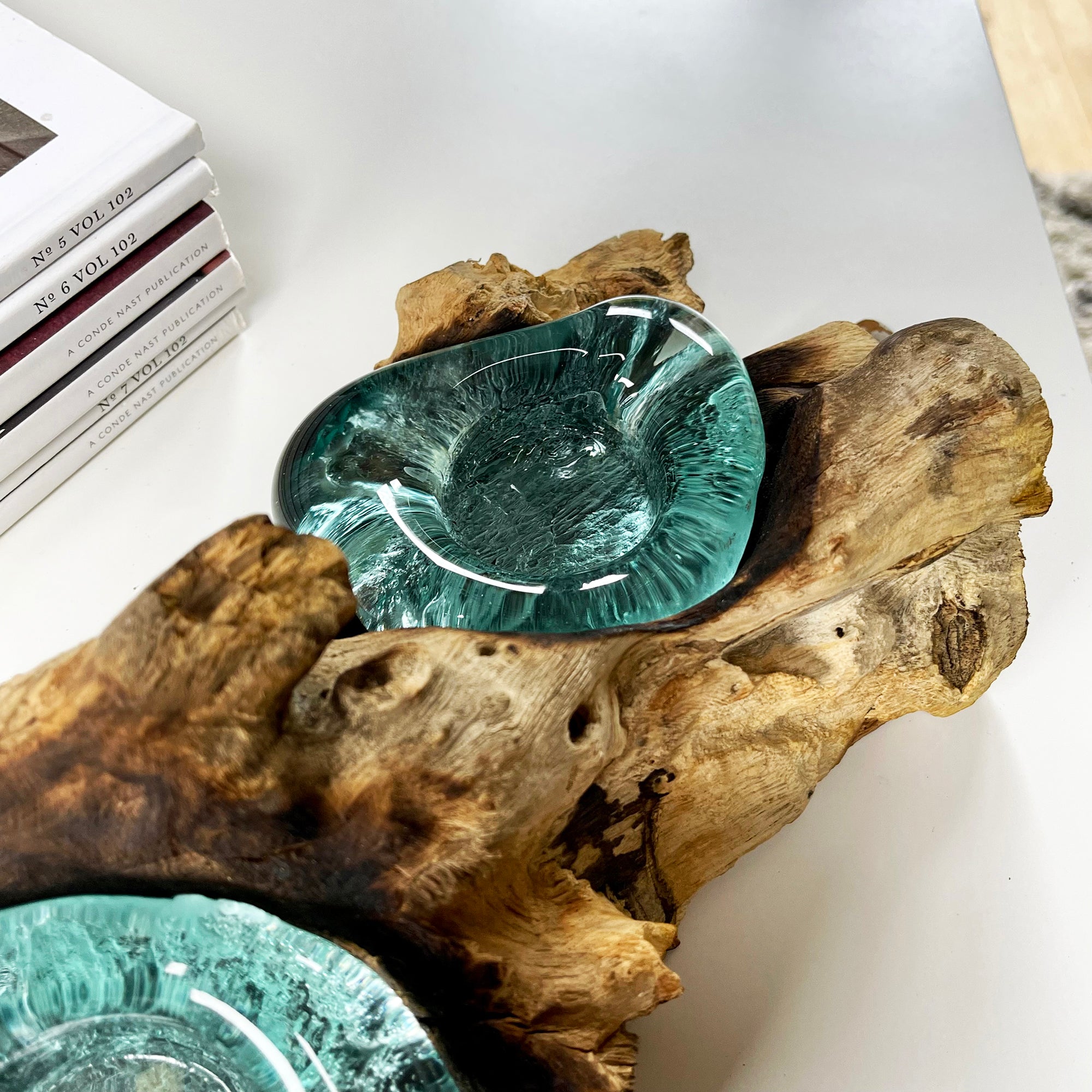 Molten Glass Double Candle Holder On Teak Root Stand