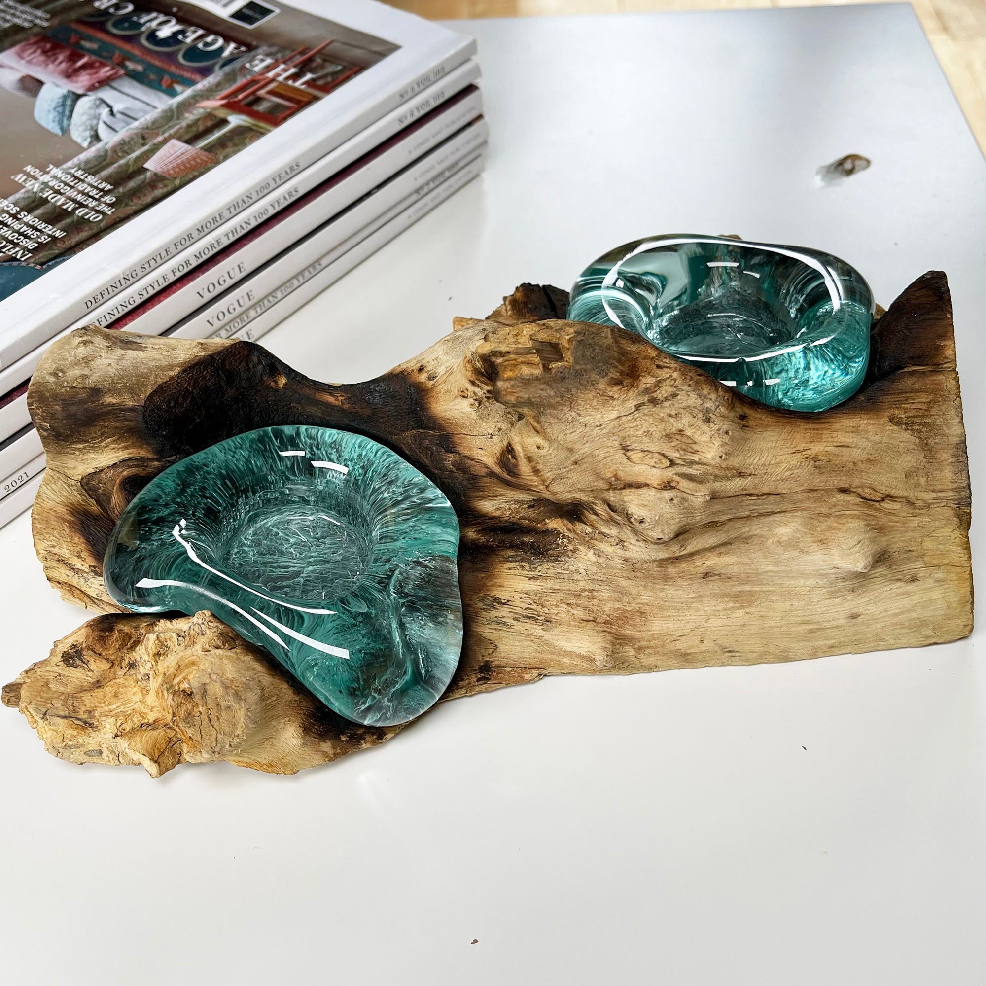 Molten Glass Double Candle Holder On Teak Root Stand
