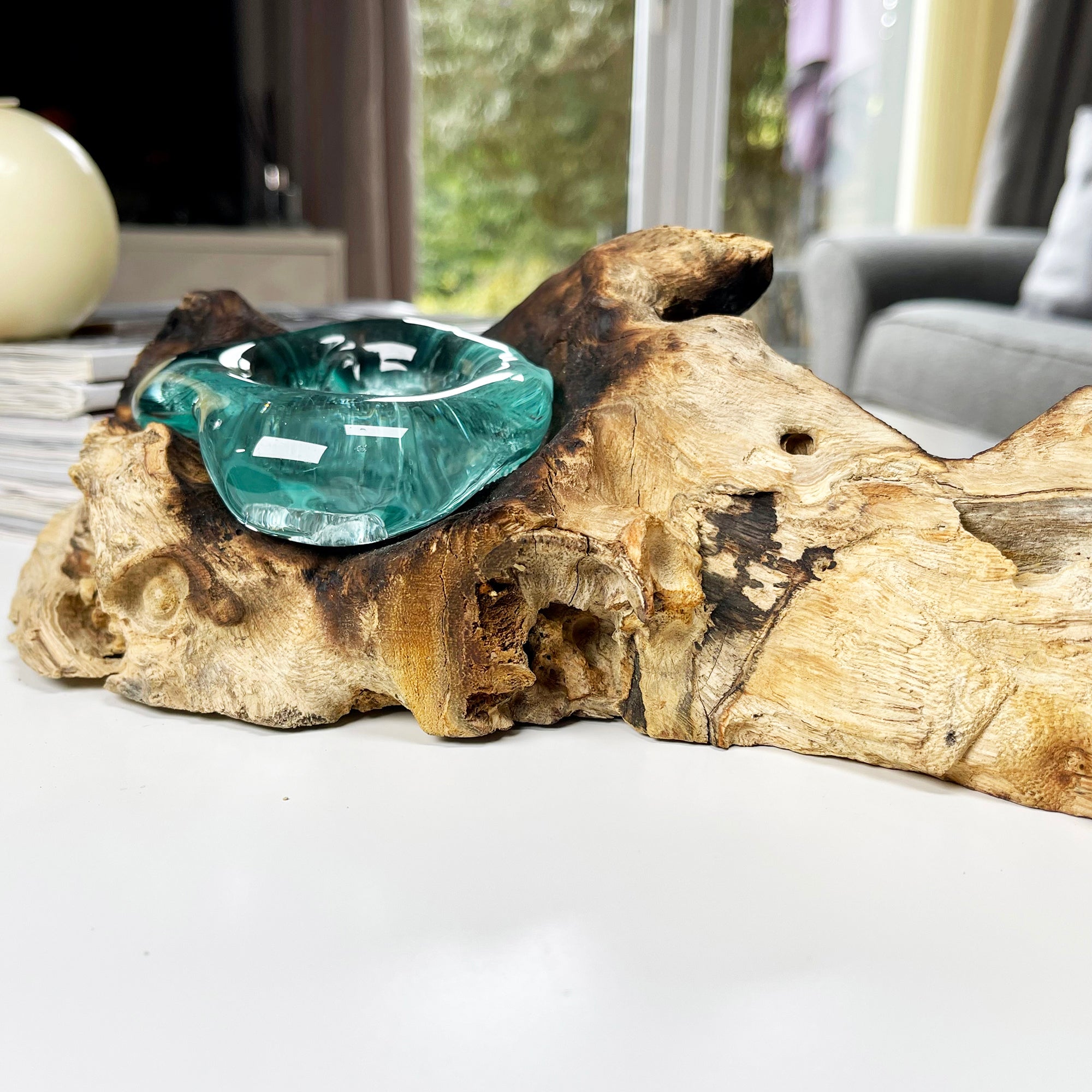 Molten Glass Double Candle Holder On Teak Root Stand