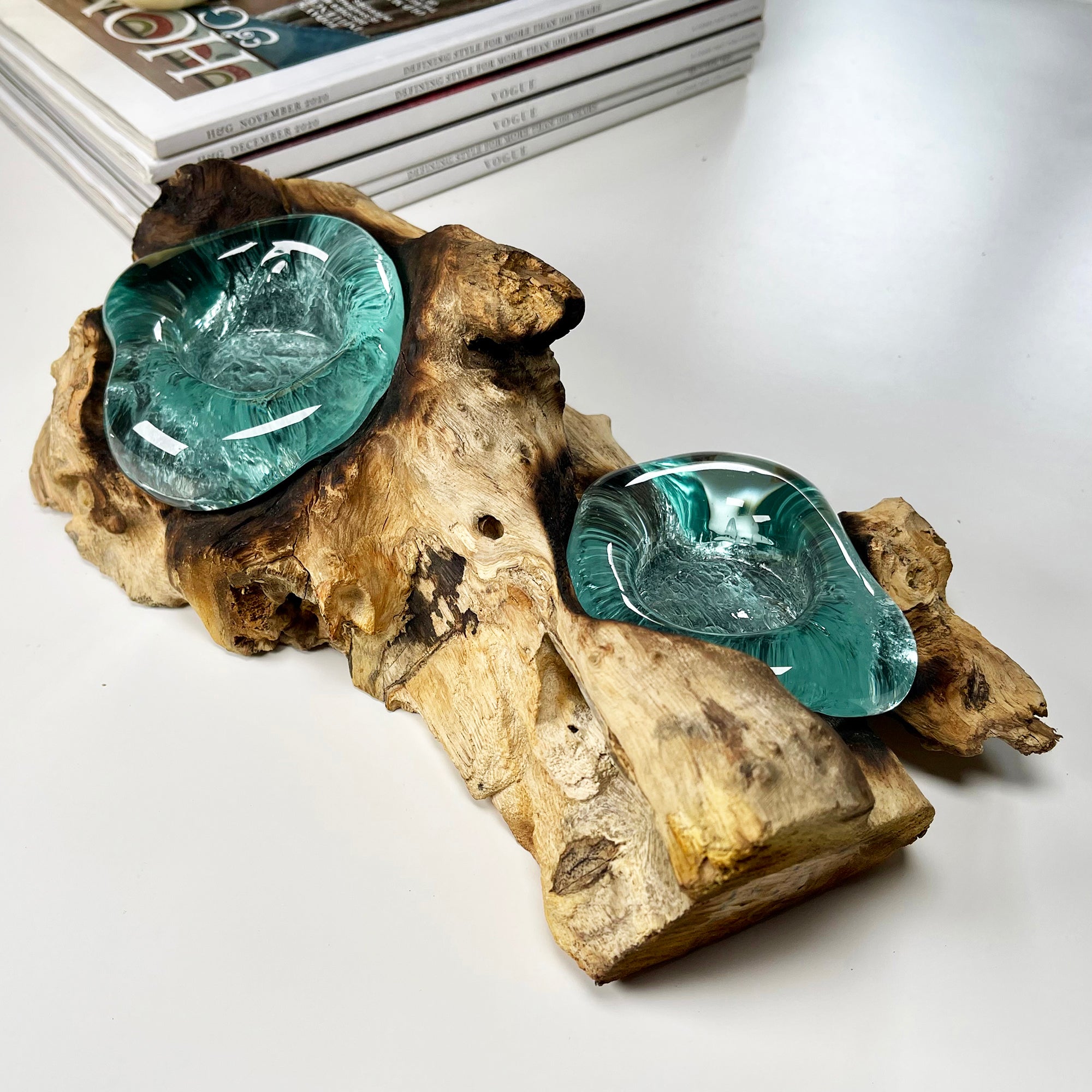 Molten Glass Double Candle Holder On Teak Root Stand