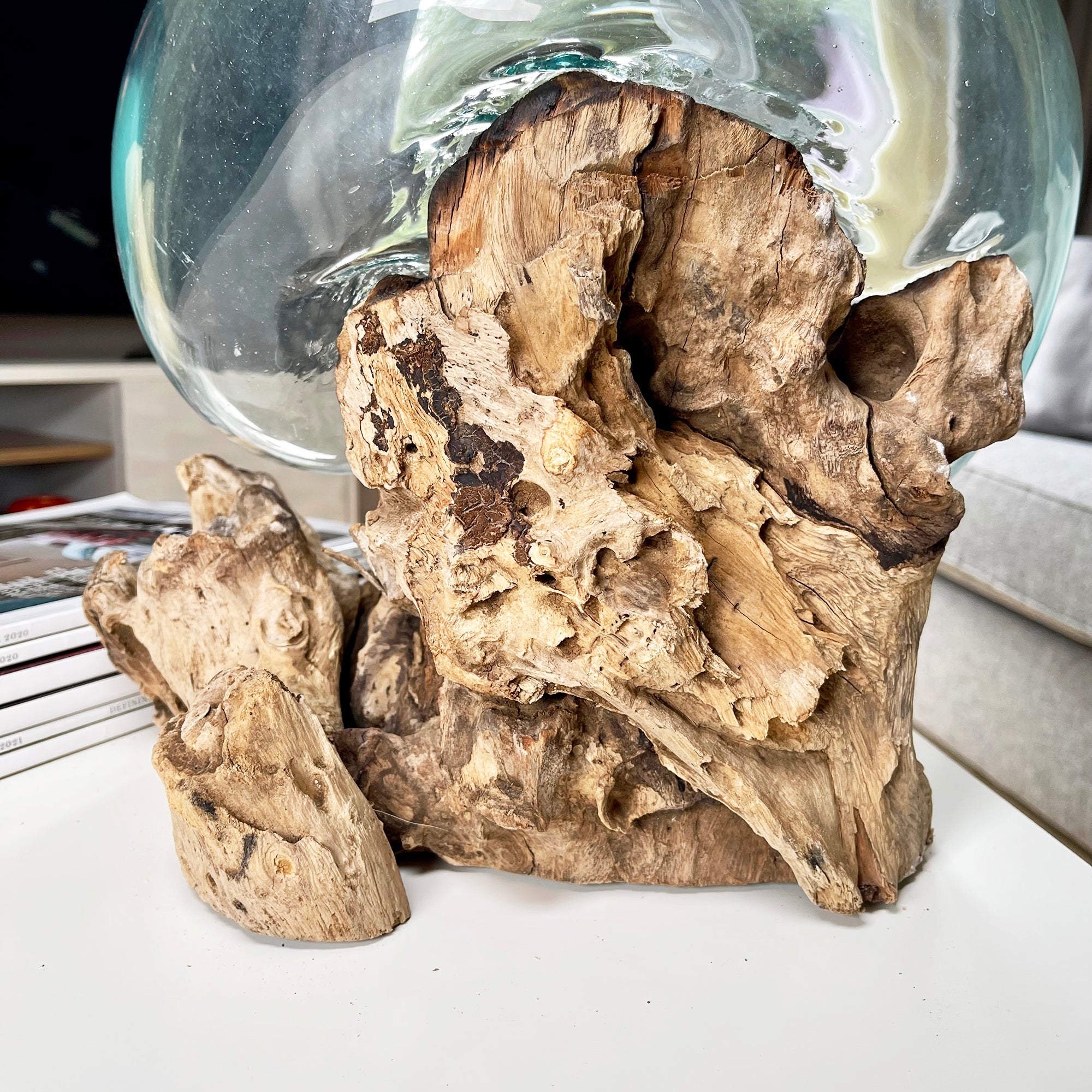 Extra Large Molten Glass Bowl On Teak Root Stand