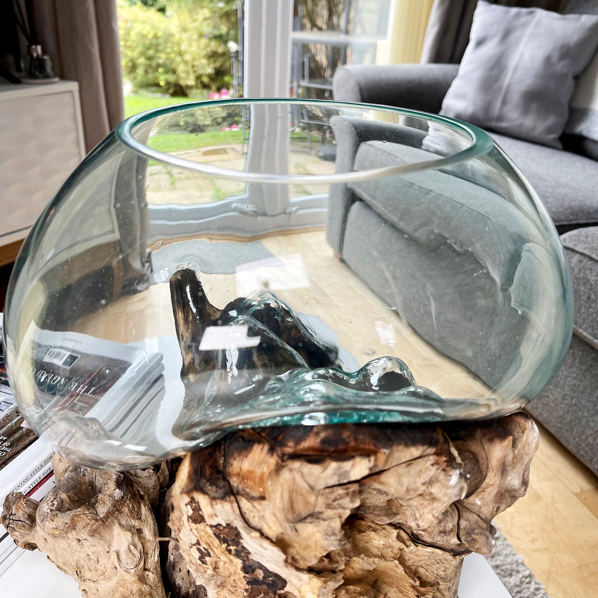 Extra Large Molten Glass Bowl On Teak Root Stand