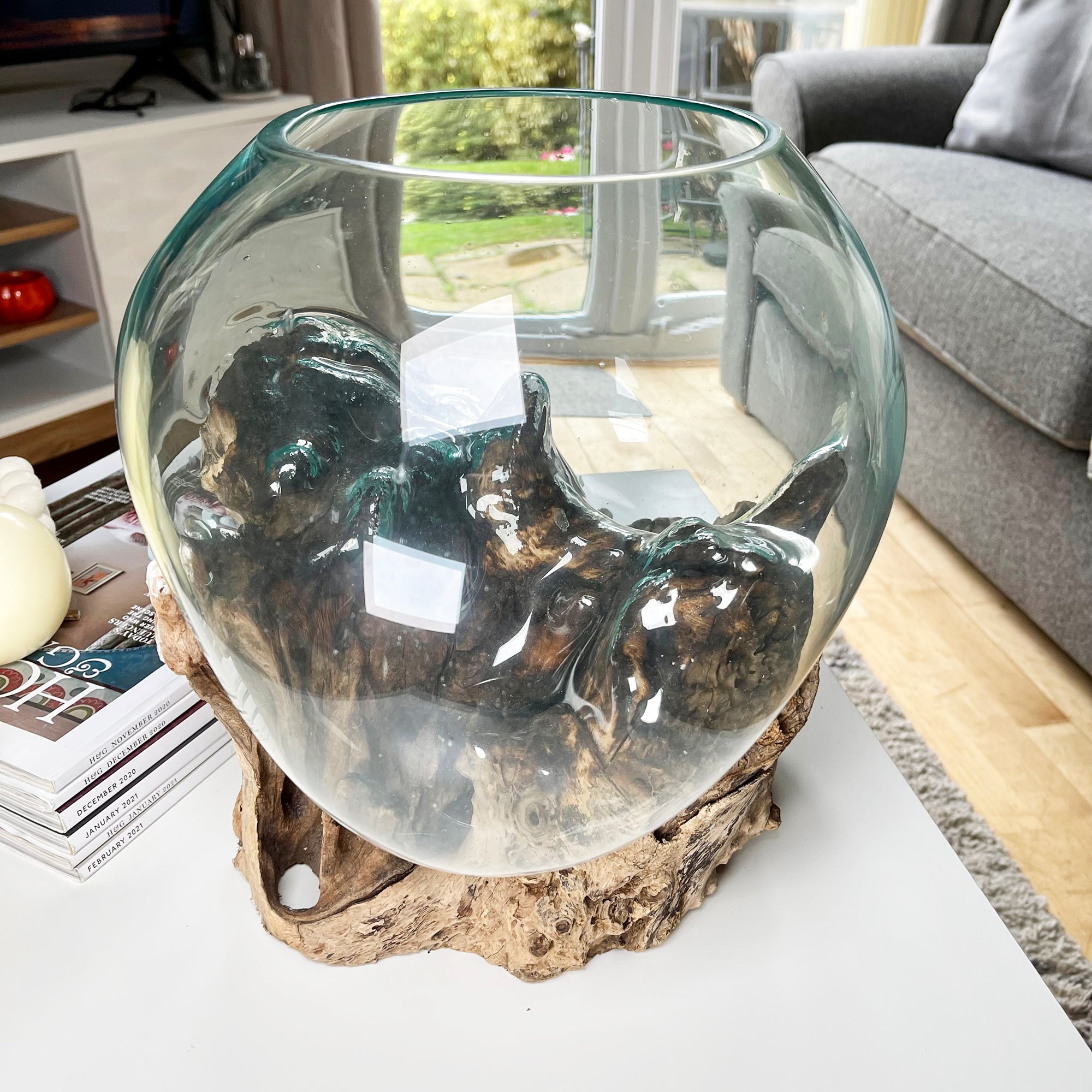 Extra Large Molten Glass Bowl On Teak Root Stand