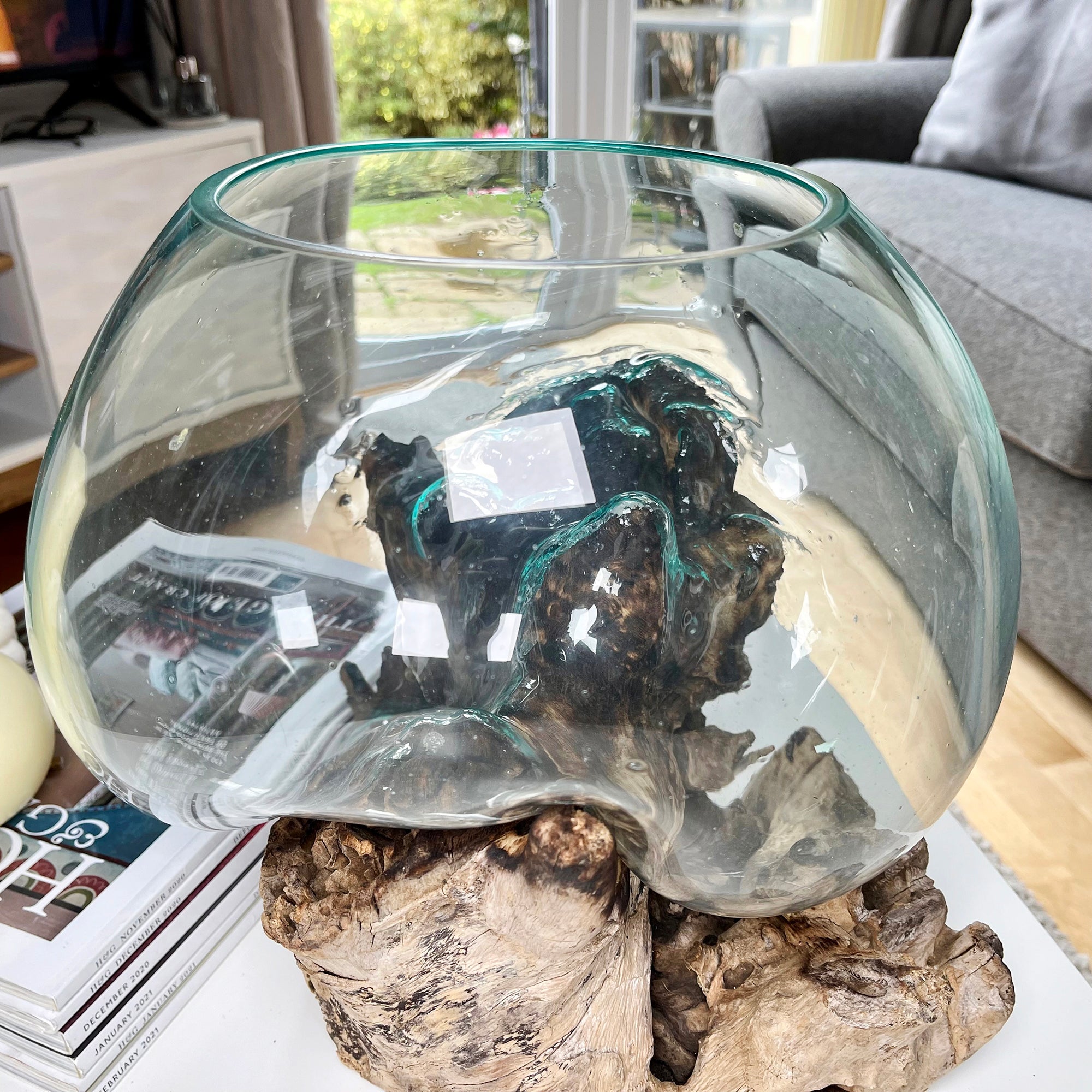 Extra Large Molten Glass Bowl On Teak Root Stand