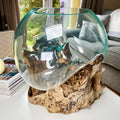 Extra Large Molten Glass Bowl On Teak Root Stand