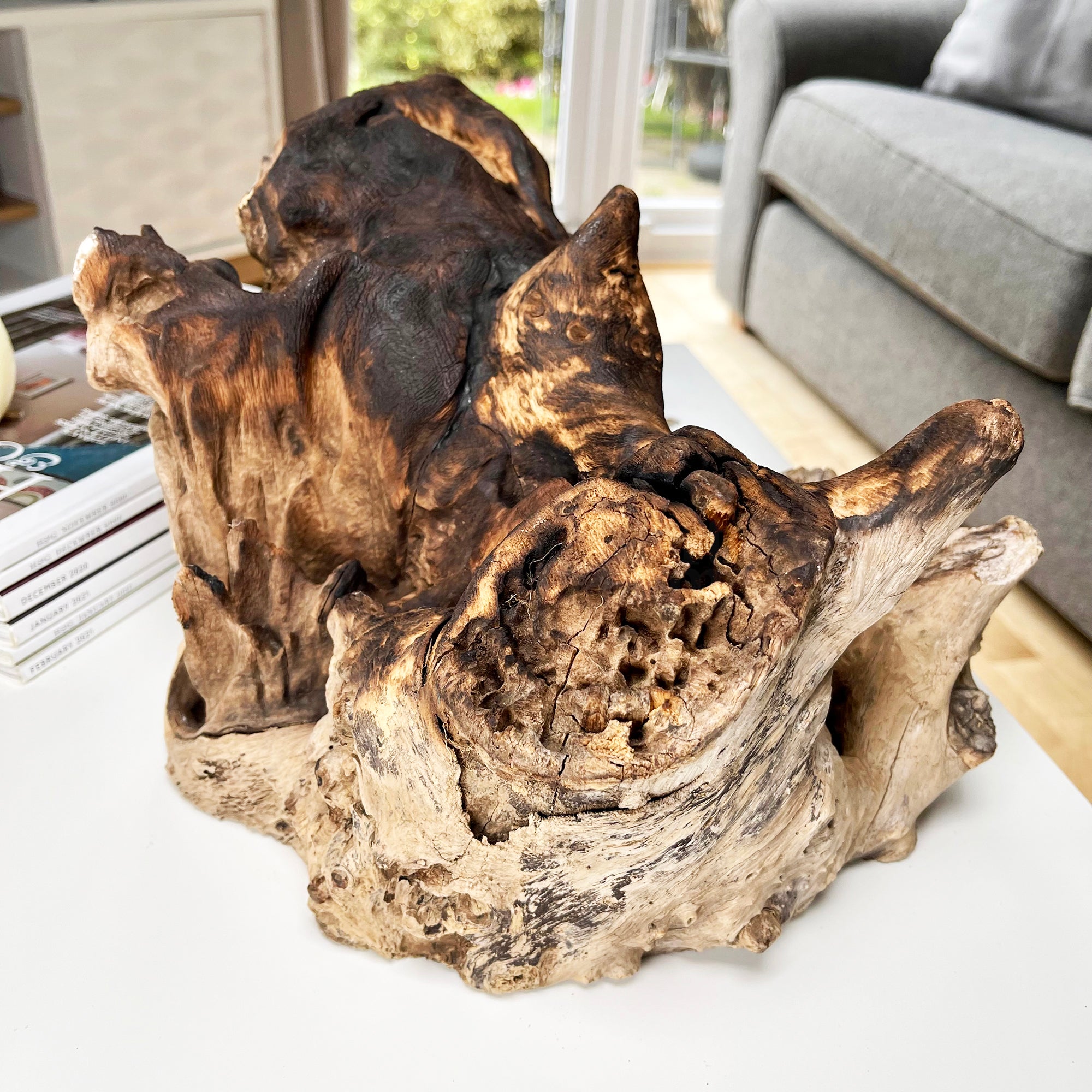 Extra Large Molten Glass Bowl On Teak Root Stand