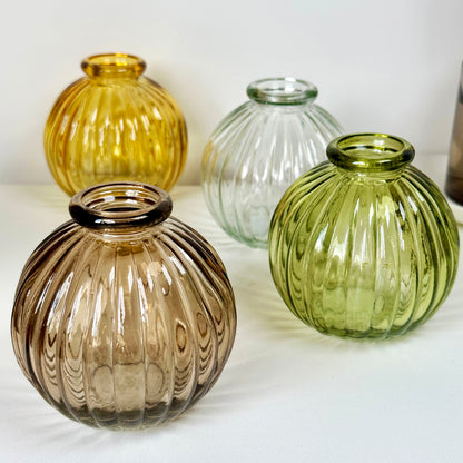 Set Of 4 Neutral Ribbed Glass Bud Vases