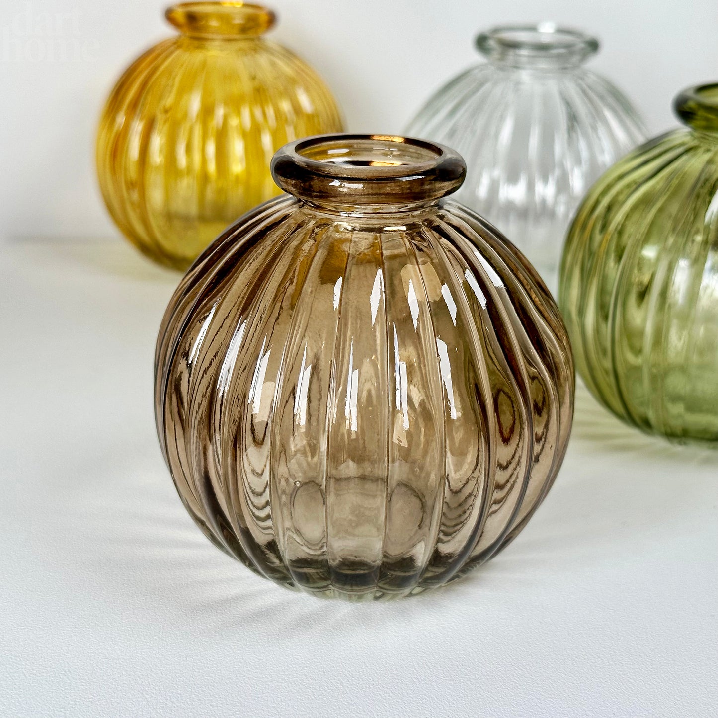 Set Of 4 Neutral Ribbed Glass Bud Vases