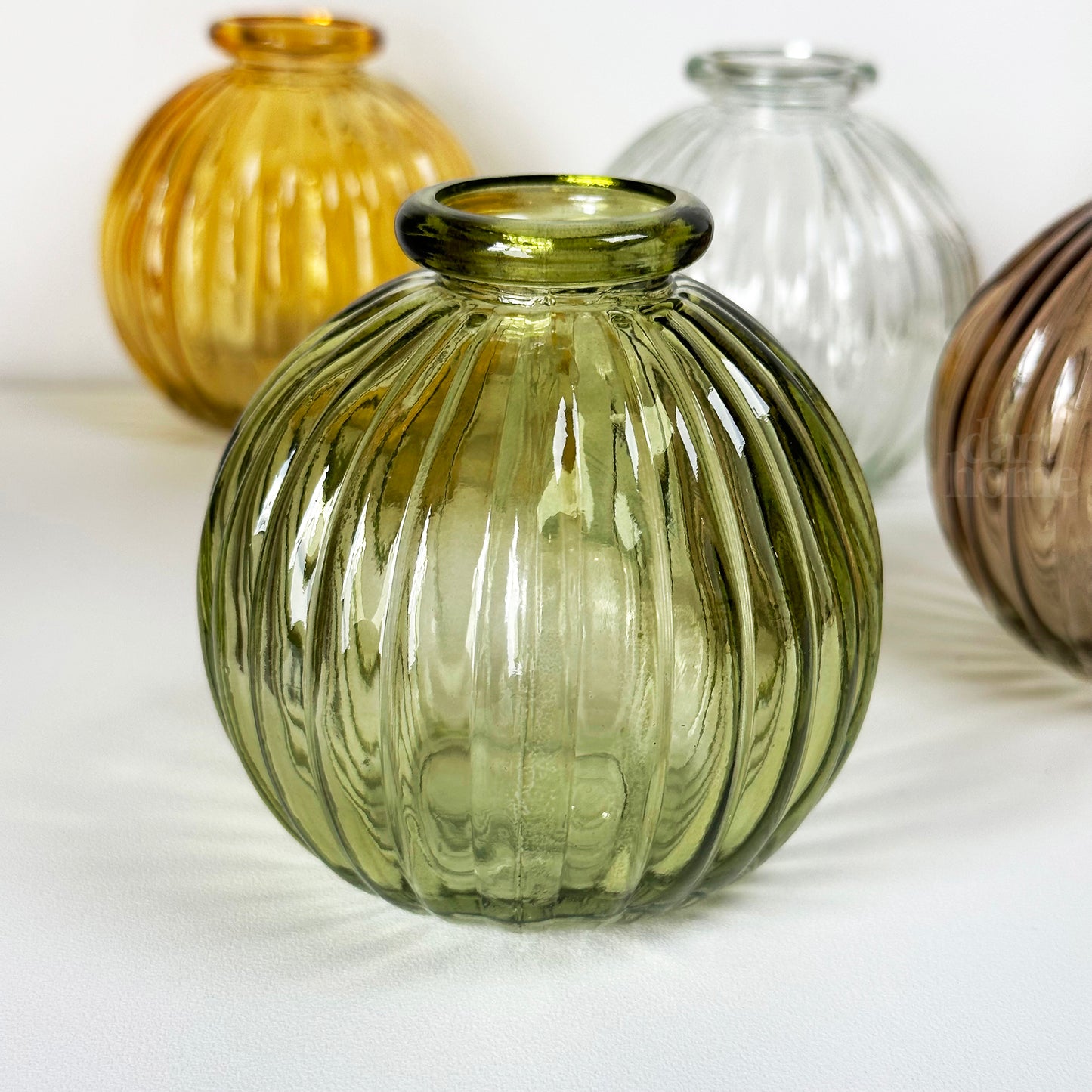 Set Of 4 Neutral Ribbed Glass Bud Vases