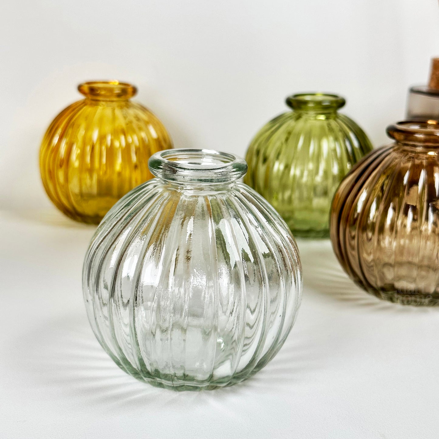 Set Of 4 Neutral Ribbed Glass Bud Vases