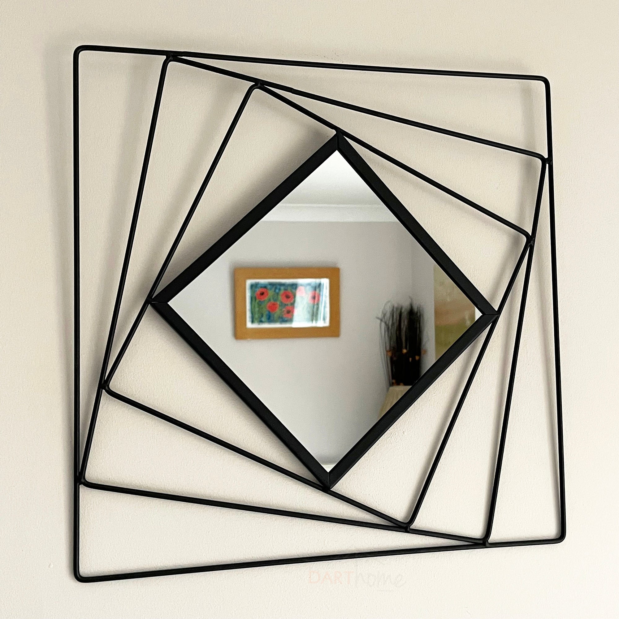 Schwarzer quadratischer Wandspiegel aus Metalldraht, 40 cm