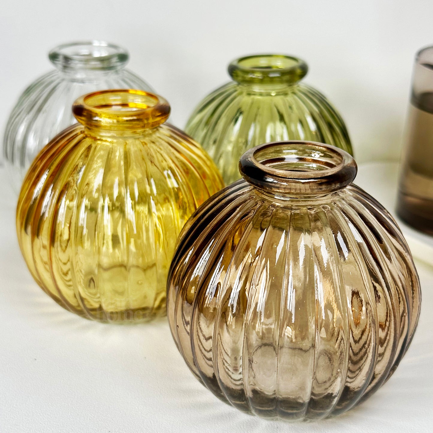 Set Of 4 Neutral Ribbed Glass Bud Vases