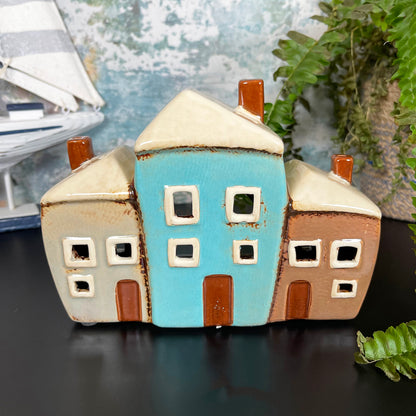 Ceramic 3 Cottage Houses Candle Holder