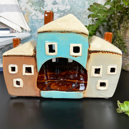 Ceramic 3 Cottage Houses Candle Holder