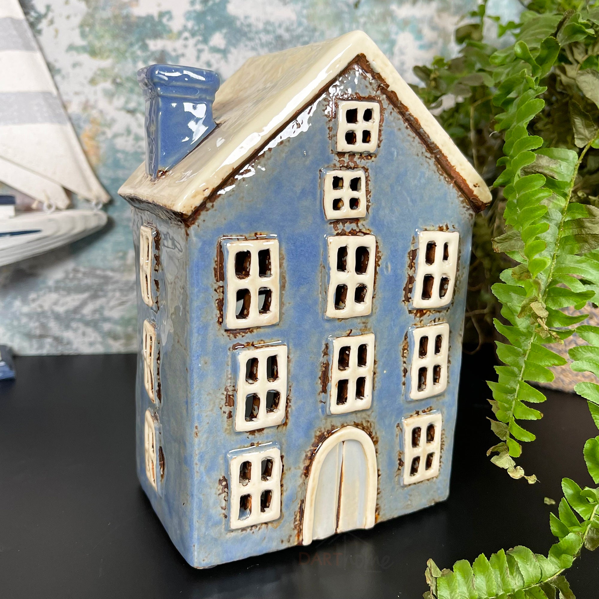 Ceramic Blue House Candle Holder