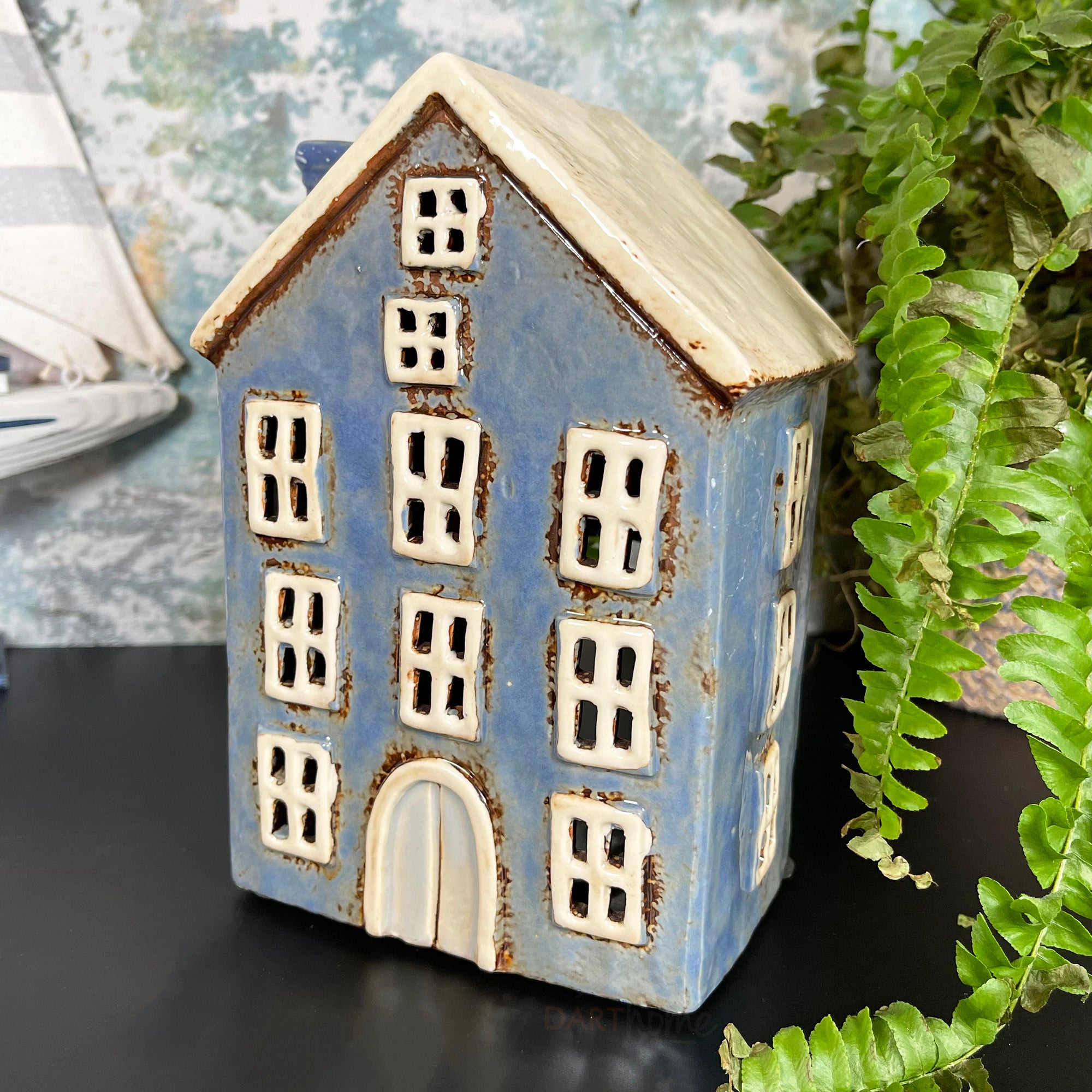 Ceramic Blue House Candle Holder