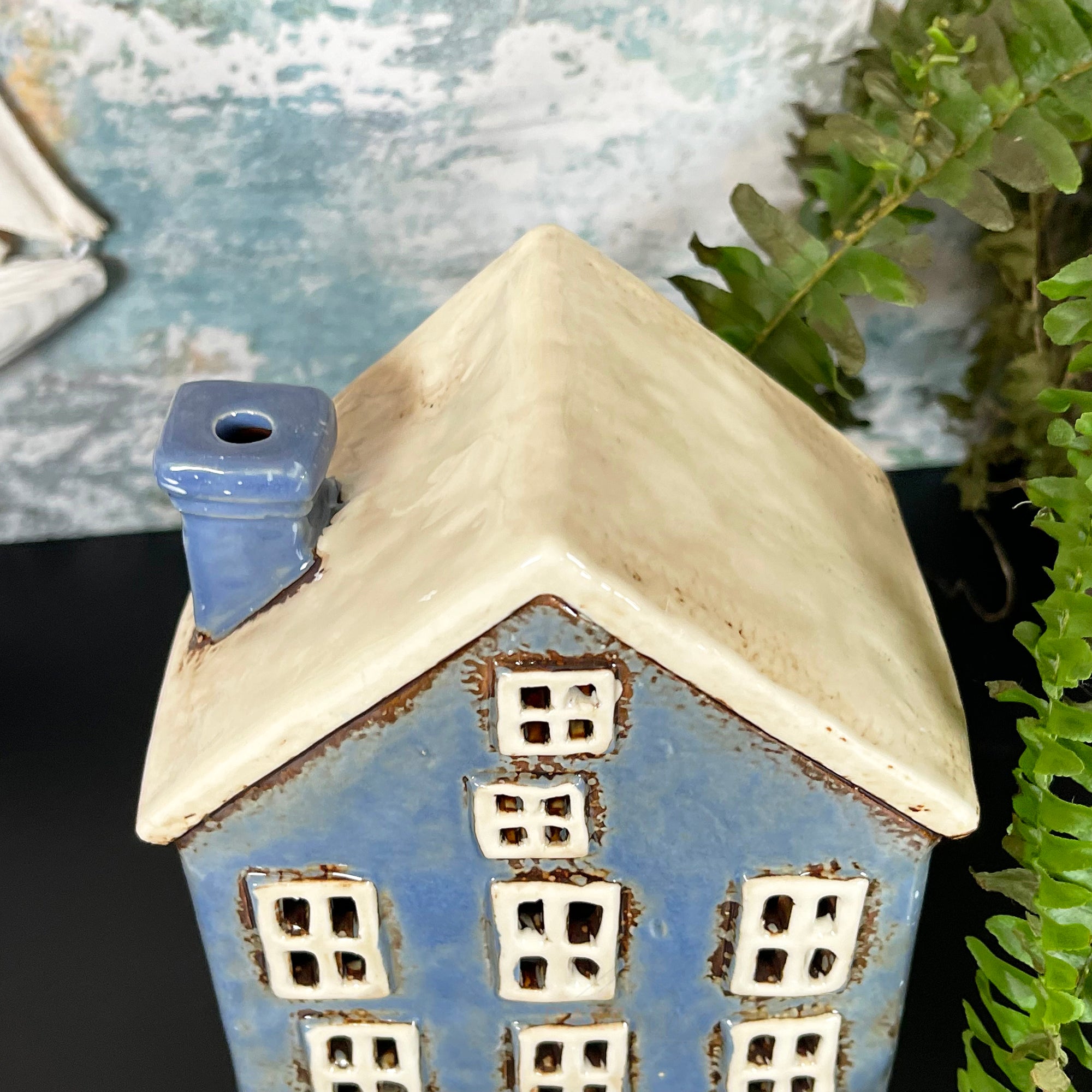 Ceramic Blue House Candle Holder