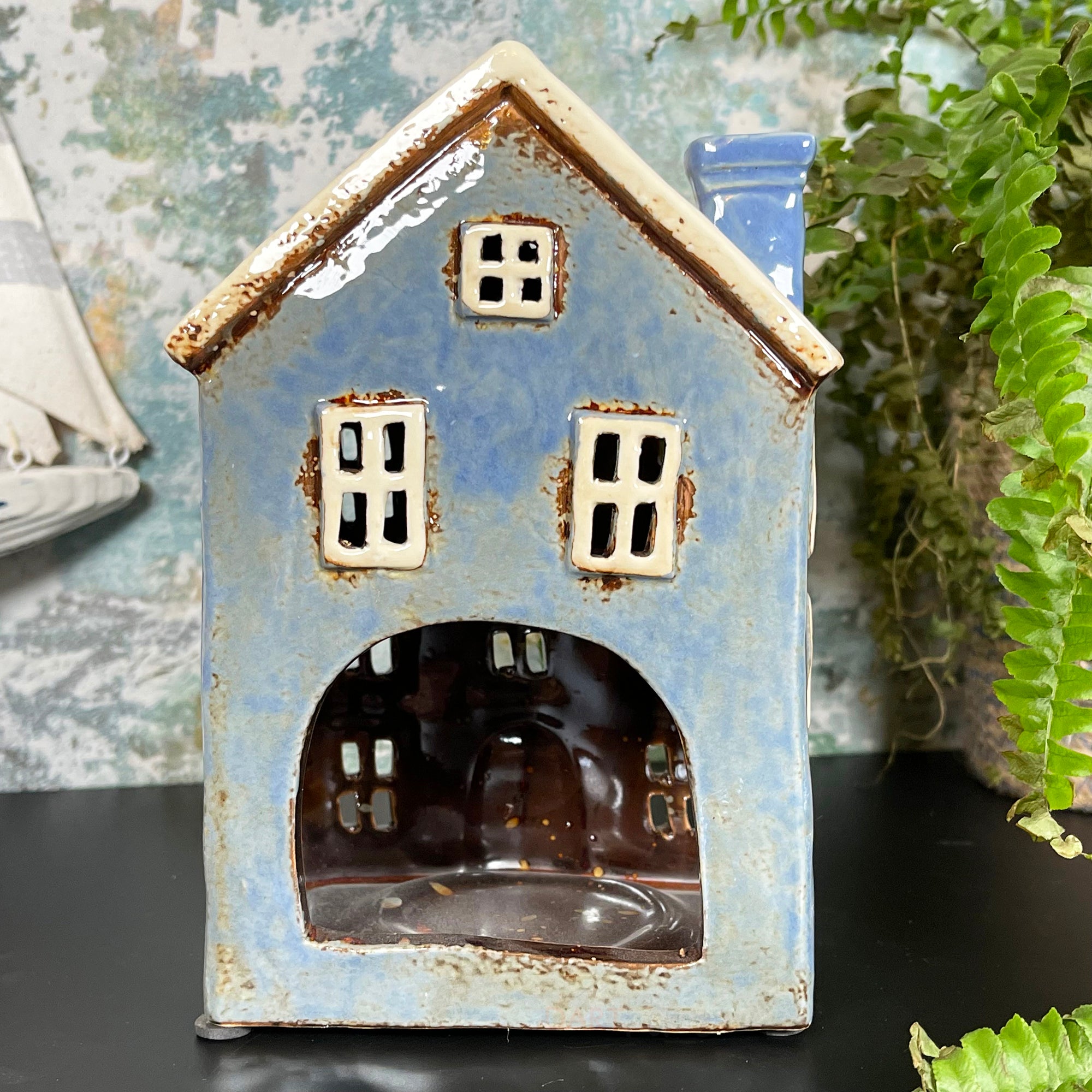 Ceramic Blue House Candle Holder