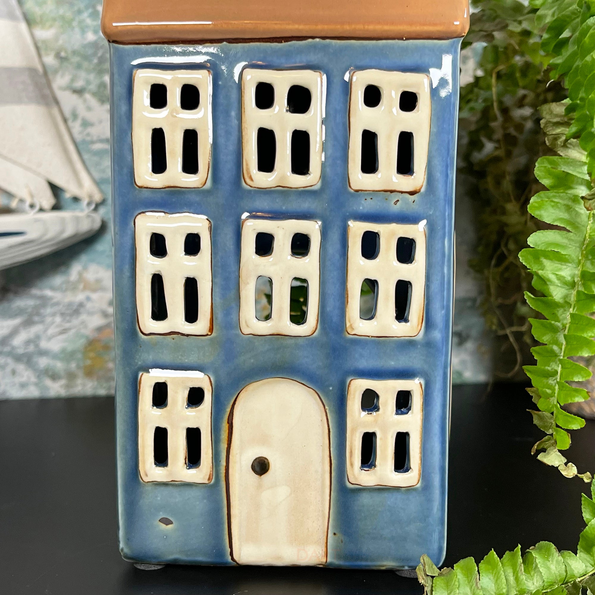 Blue Tall House Tea Light Holder
