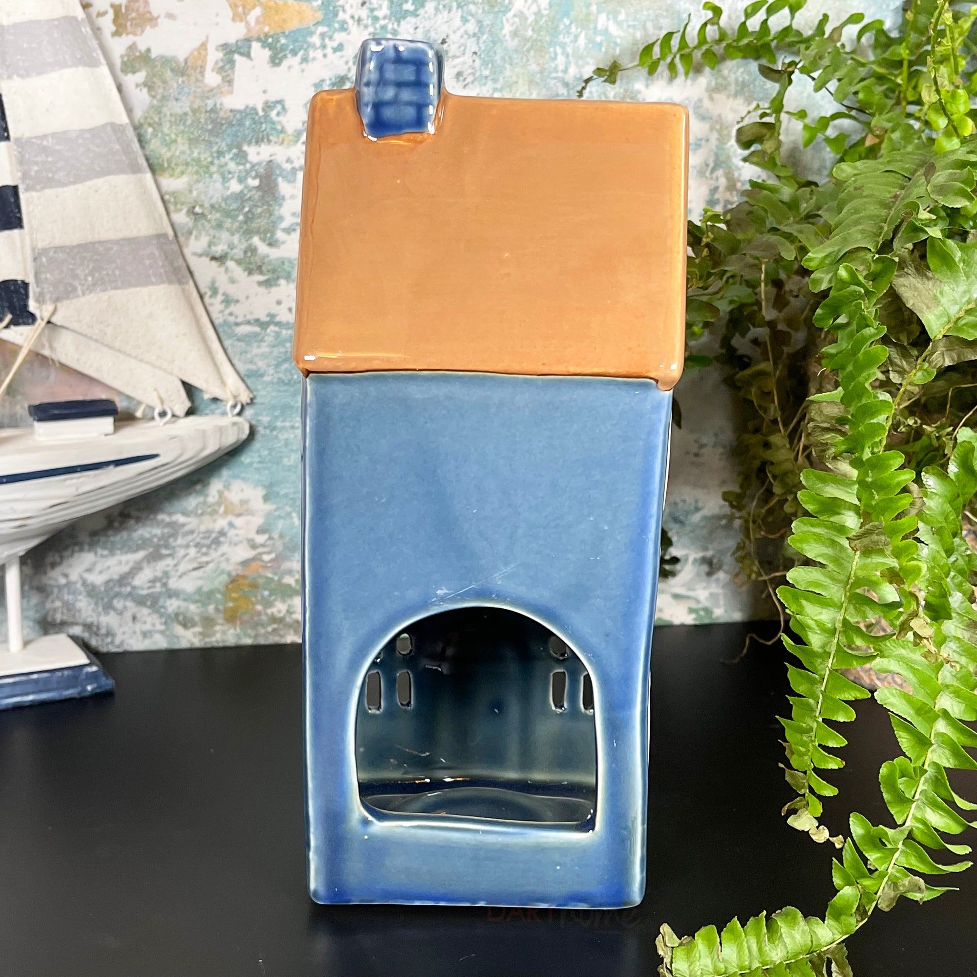 Blue Tall House Tea Light Holder