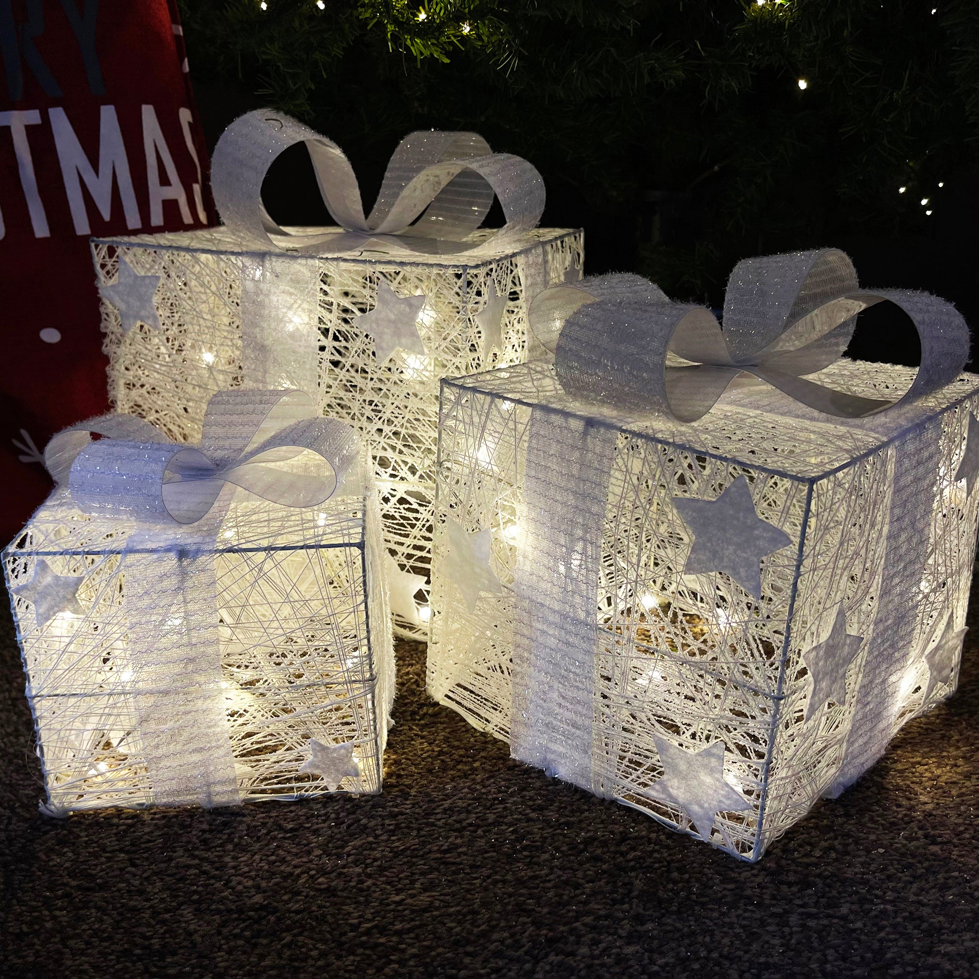 Set Of 3 Lit Christmas Parcel Decorations