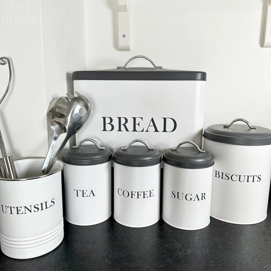 6 Piece White And Grey Kitchen Canister Set