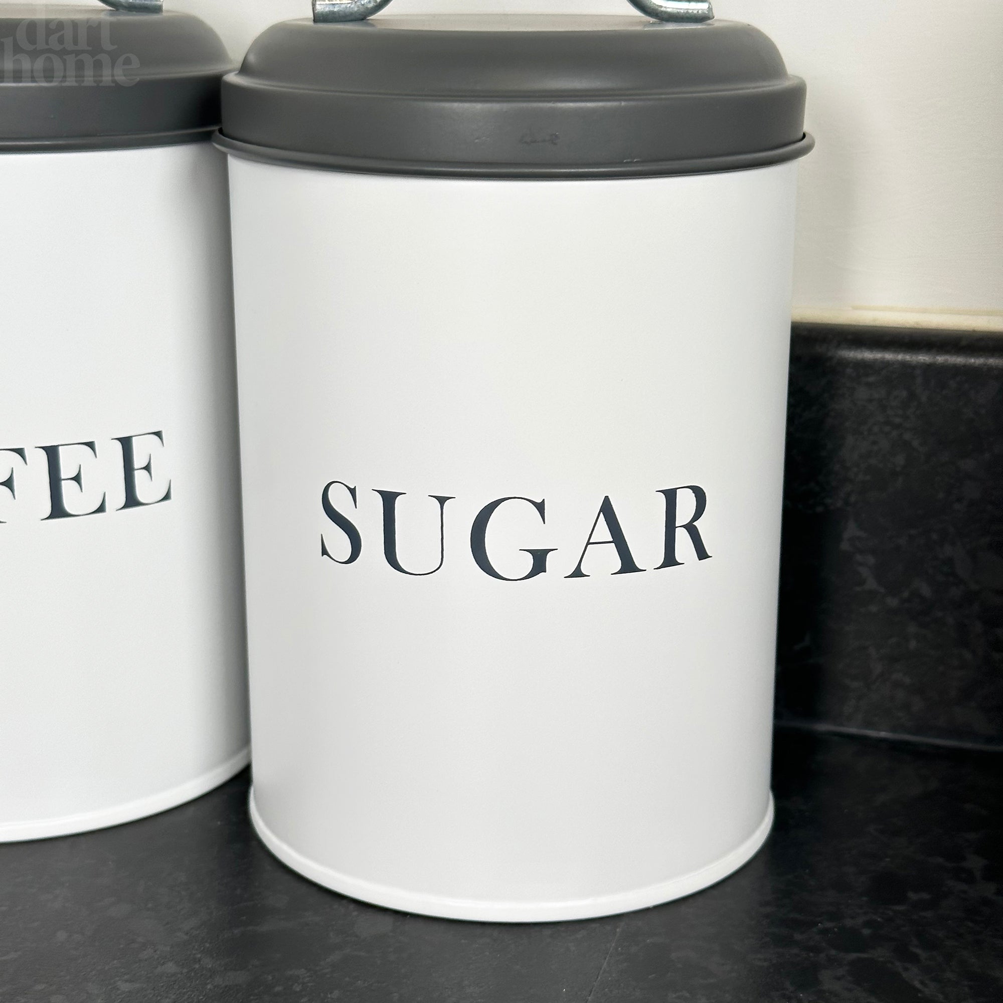 White Tea Coffee Sugar Canisters With Grey Lids