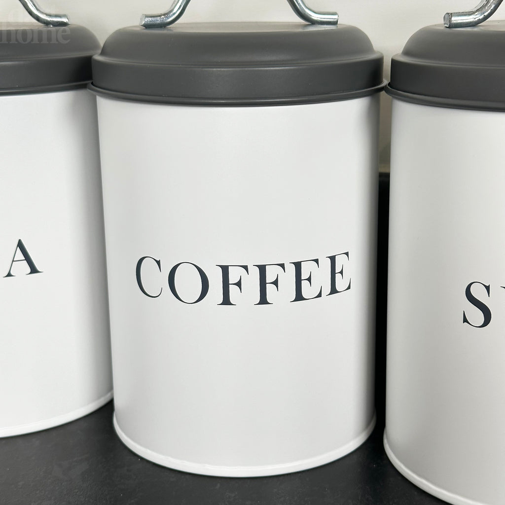 White Tea Coffee Sugar Canisters With Grey Lids