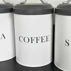 White Tea Coffee Sugar Canisters With Grey Lids