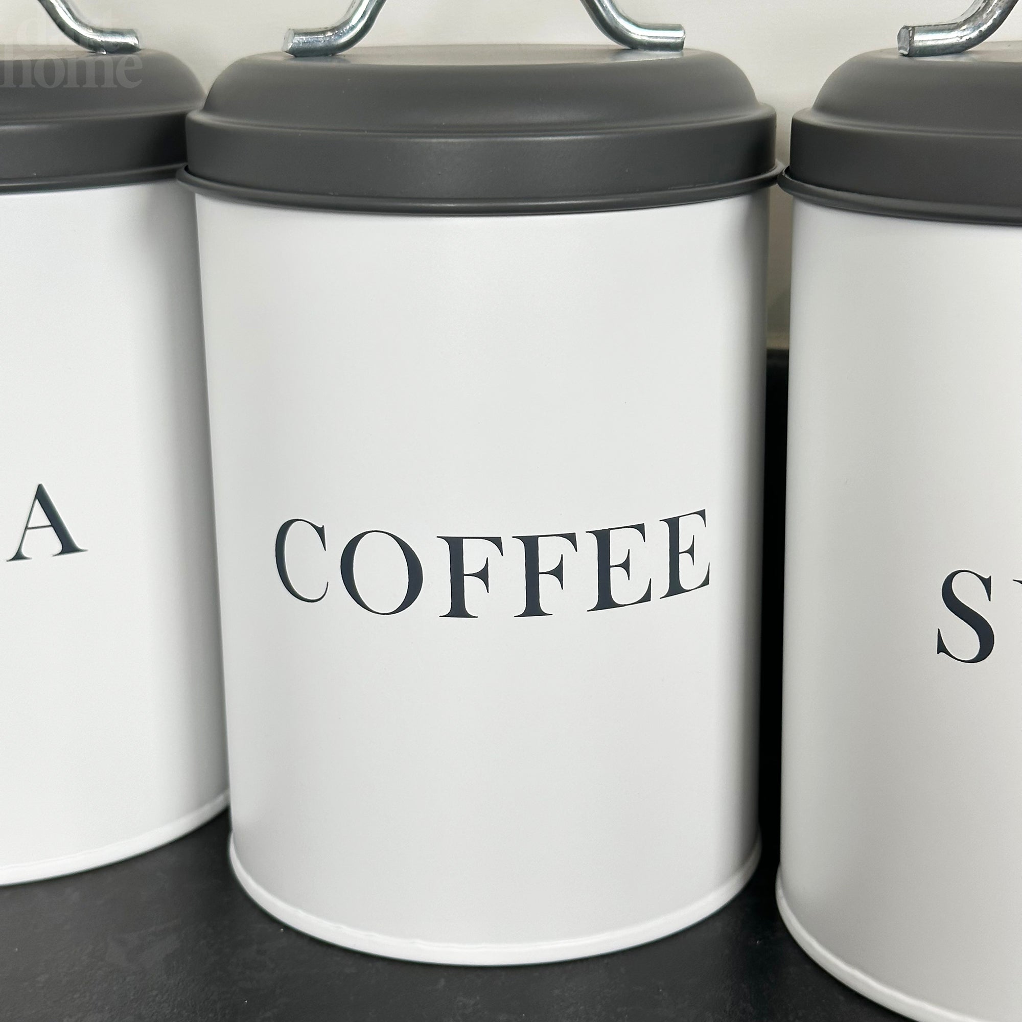 White Tea Coffee Sugar Canisters With Grey Lids