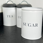 White Tea Coffee Sugar Canisters With Grey Lids