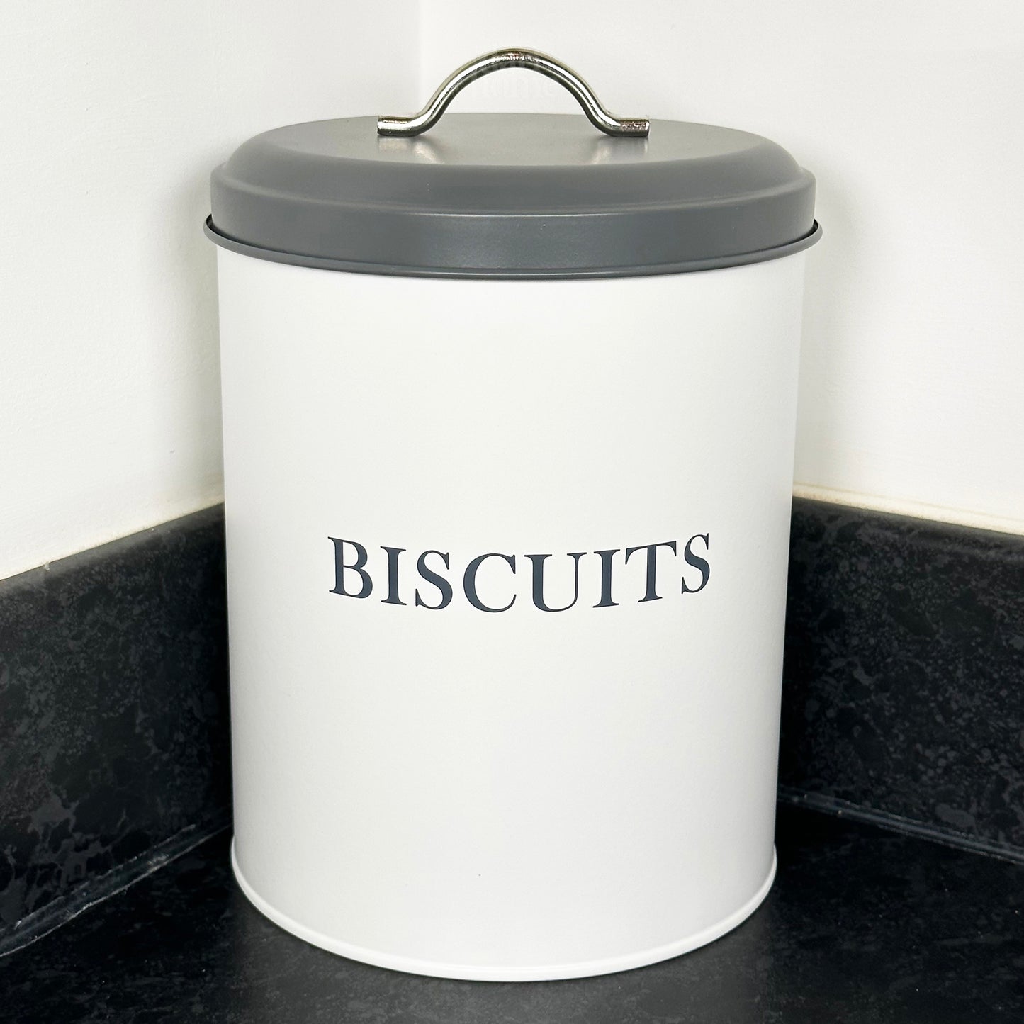 White Biscuit Tin With Grey Lid