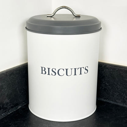 White Biscuit Tin With Grey Lid