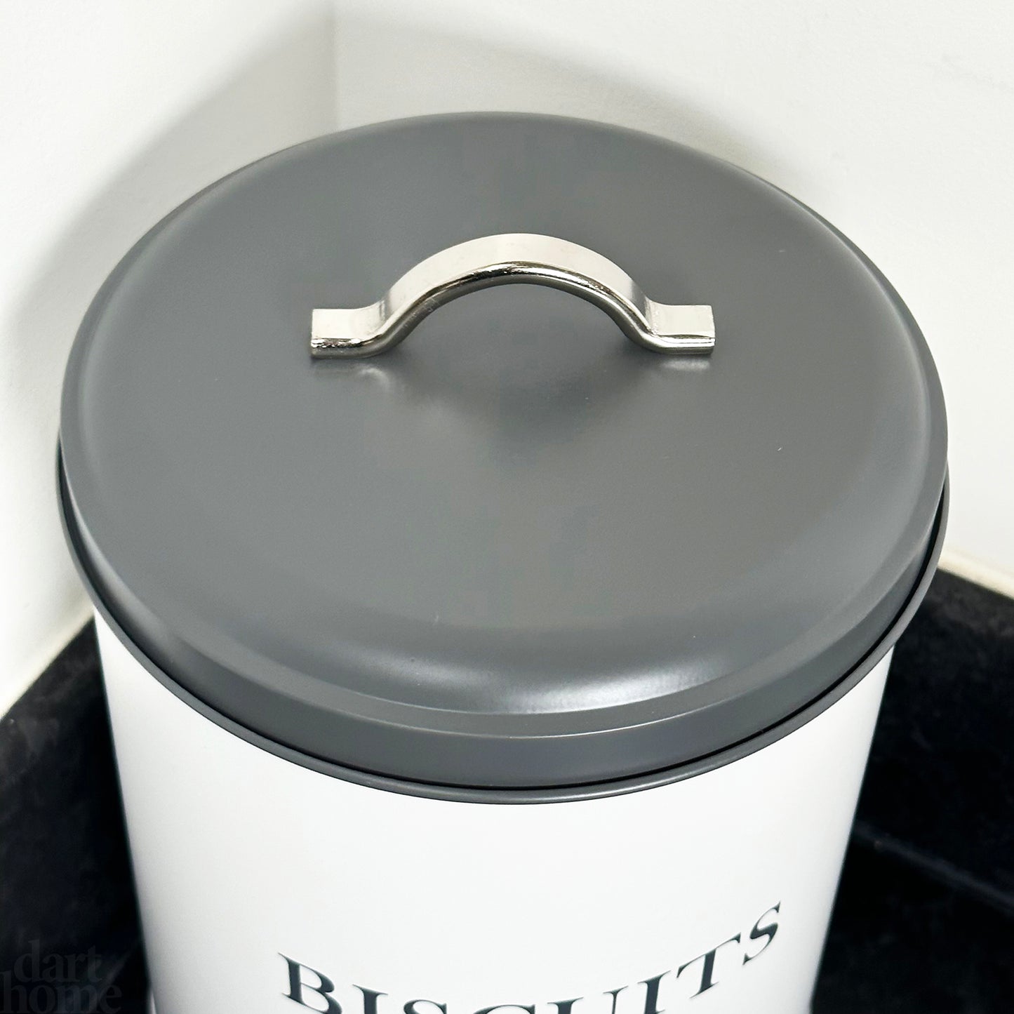 White Biscuit Tin With Grey Lid