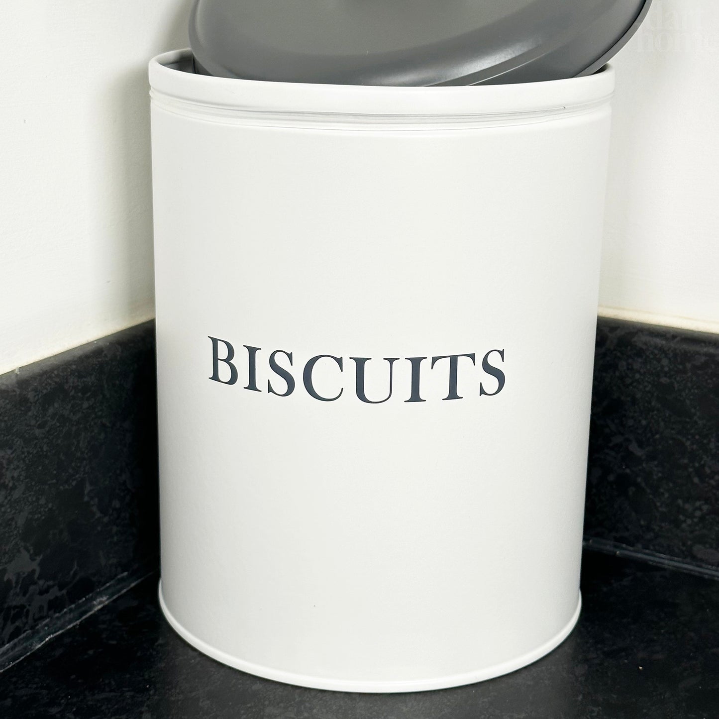 White Biscuit Tin With Grey Lid