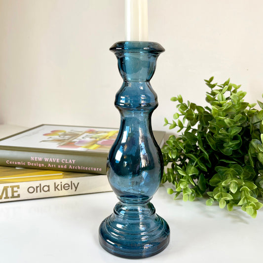 Recycled Glass Blue Candlestick Holder 20cm