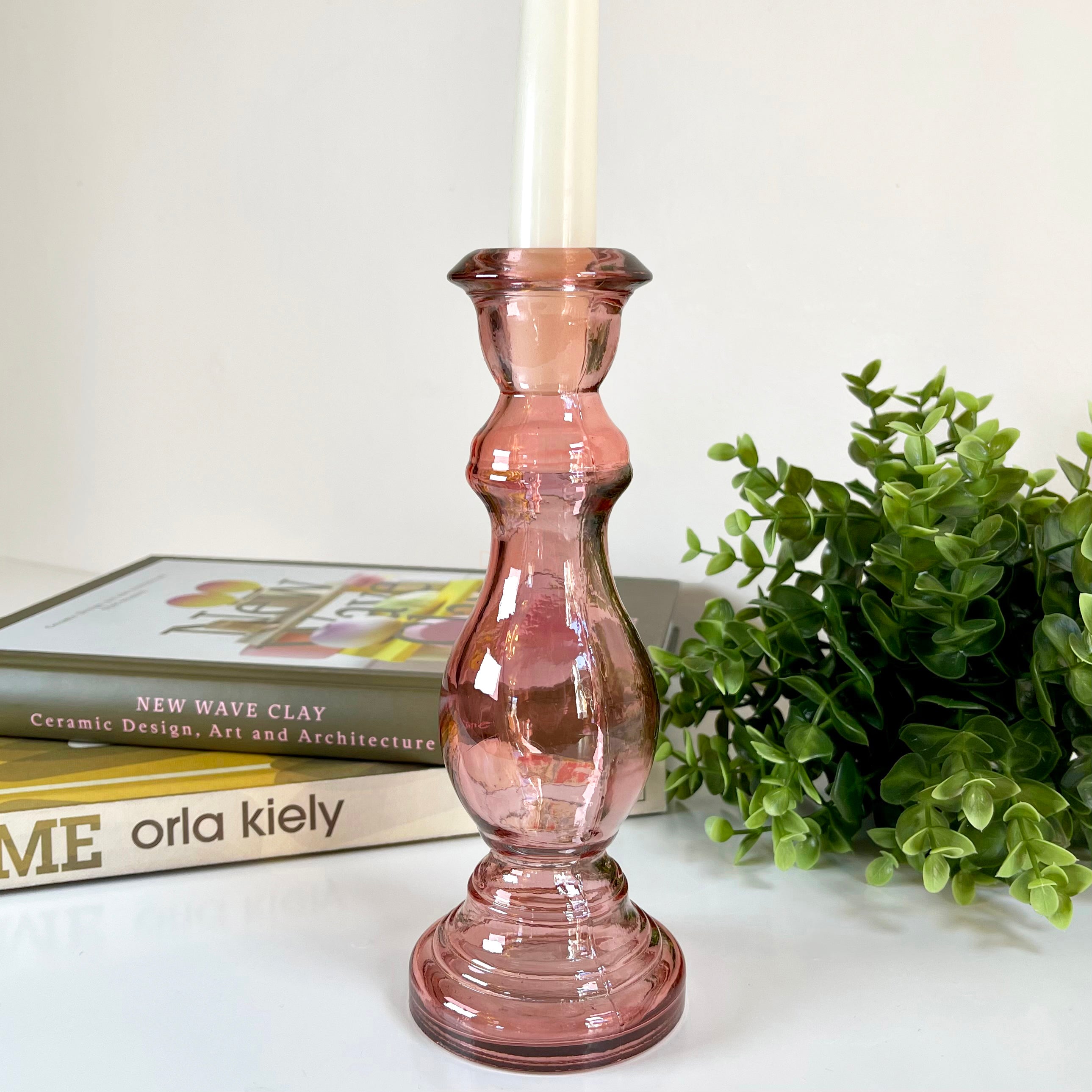 Pink Recycled Glass Candlestick Holder