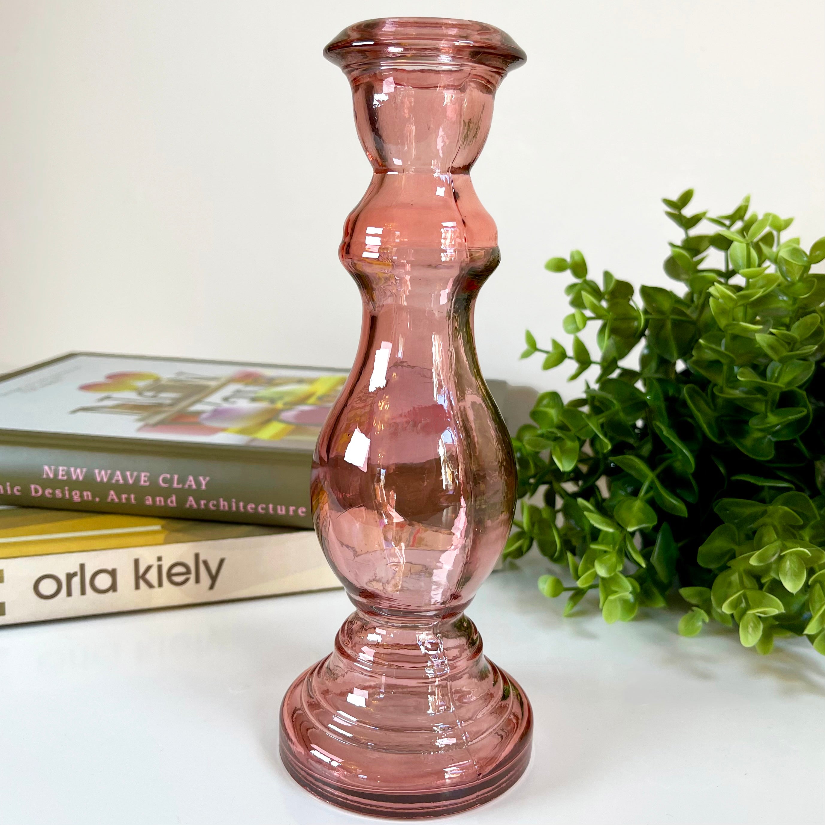 Pink Recycled Glass Candlestick Holder
