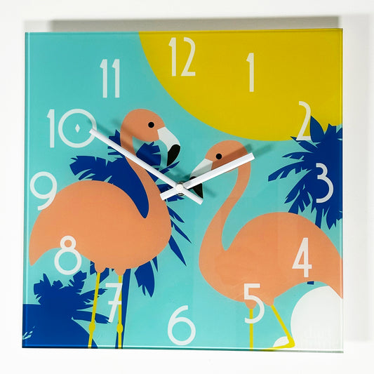 South Beach Flamingos Glas-Wanduhr