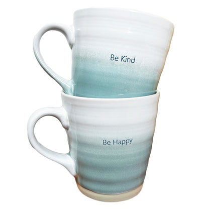 Set mit 2 blauen Tassen mit „Be Happy“-Zitat, 500 ml