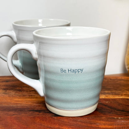 Set Of 2 Blue Be Happy Quote Mugs 500ml