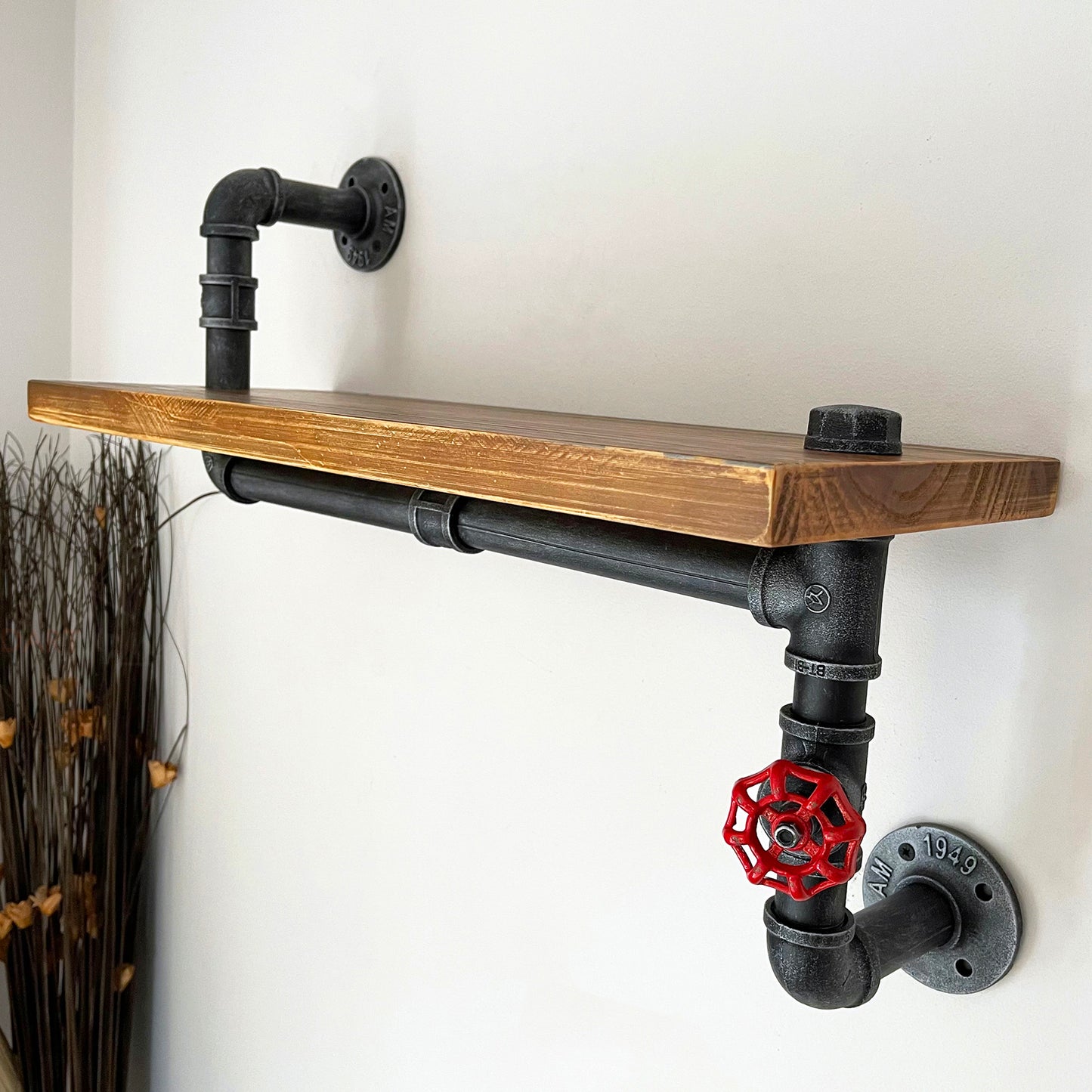 Large Industrial Steel Pipe Shelf With Rustic Wood Top