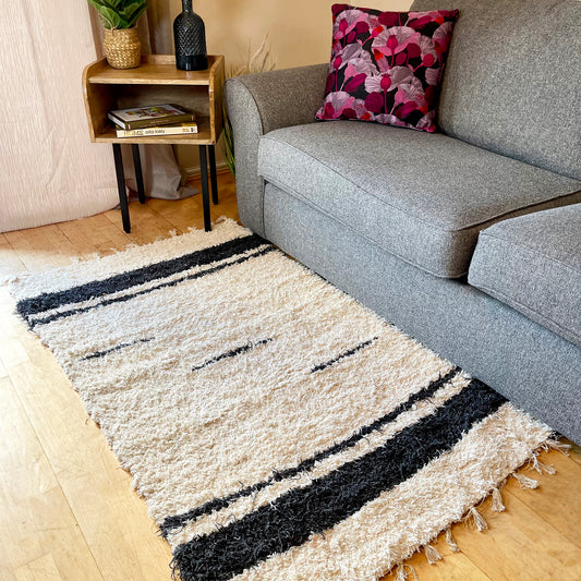 White And Navy Stripe Shaggy Rug
