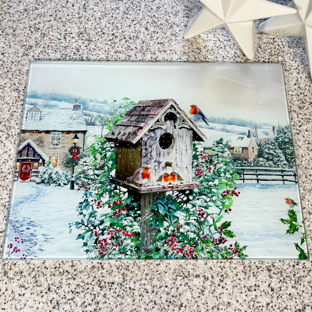 Christmas Robins Glass Chopping Board