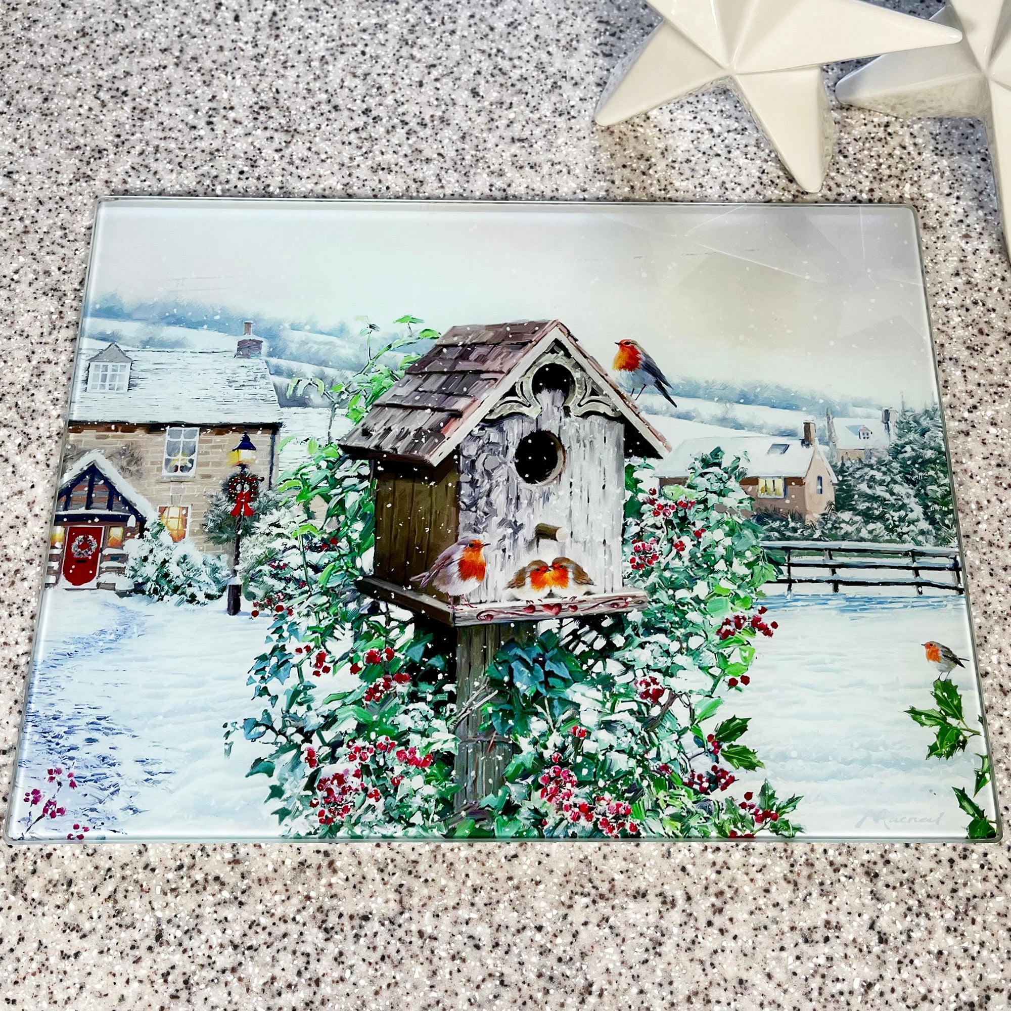 Christmas Robins Glass Chopping Board