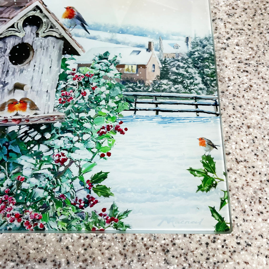 Christmas Robins Glass Chopping Board